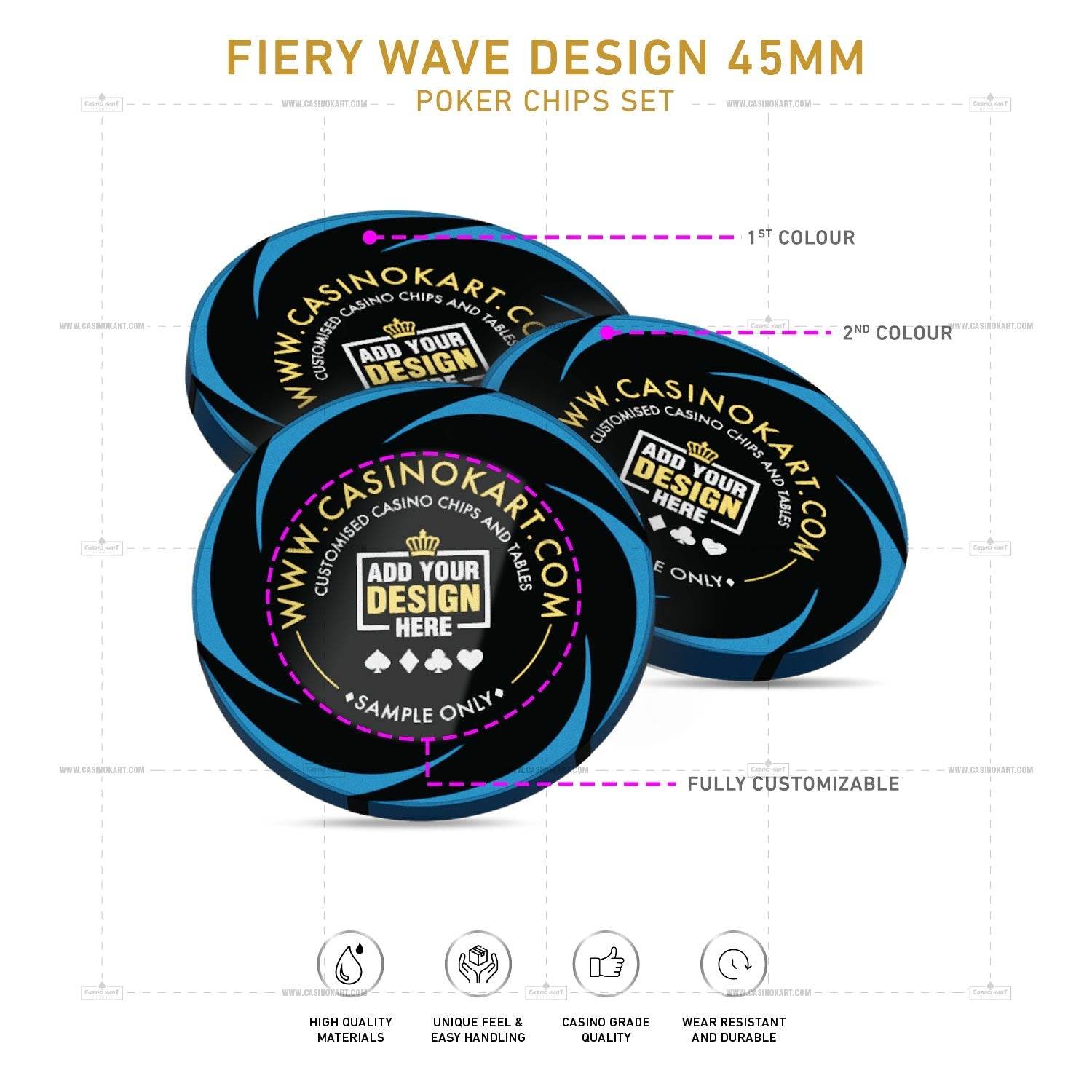 Customisable Poker Chips- Fiery Wave, Clay, 45mm, 18g - Thai Aces