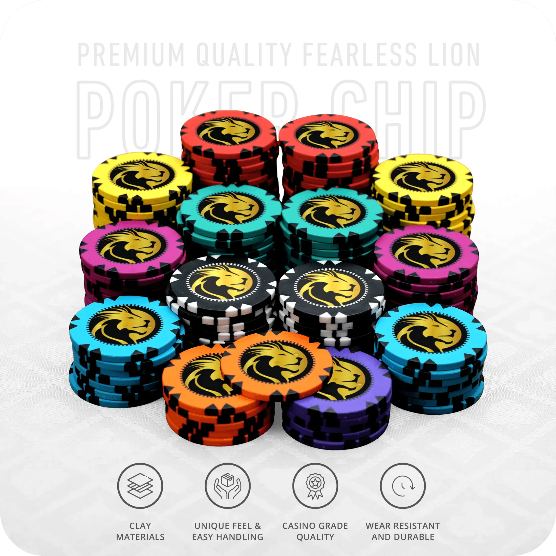 Fearless Lion Poker Chipset Without Denomination - GR, 300/500 Pcs, Clay, 40mm, 14g - Thai Aces