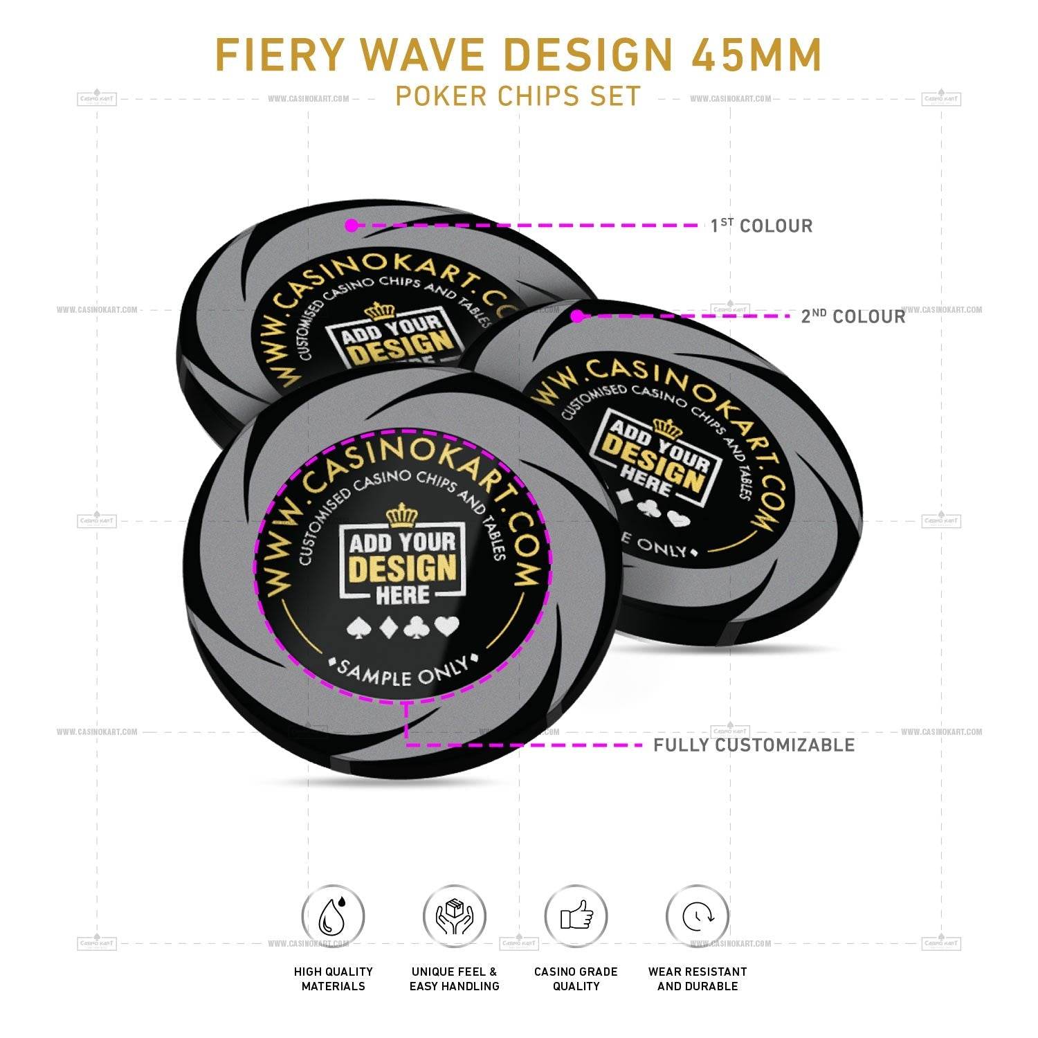 Customisable Poker Chips- Fiery Wave, Clay, 45mm, 18g - Thai Aces