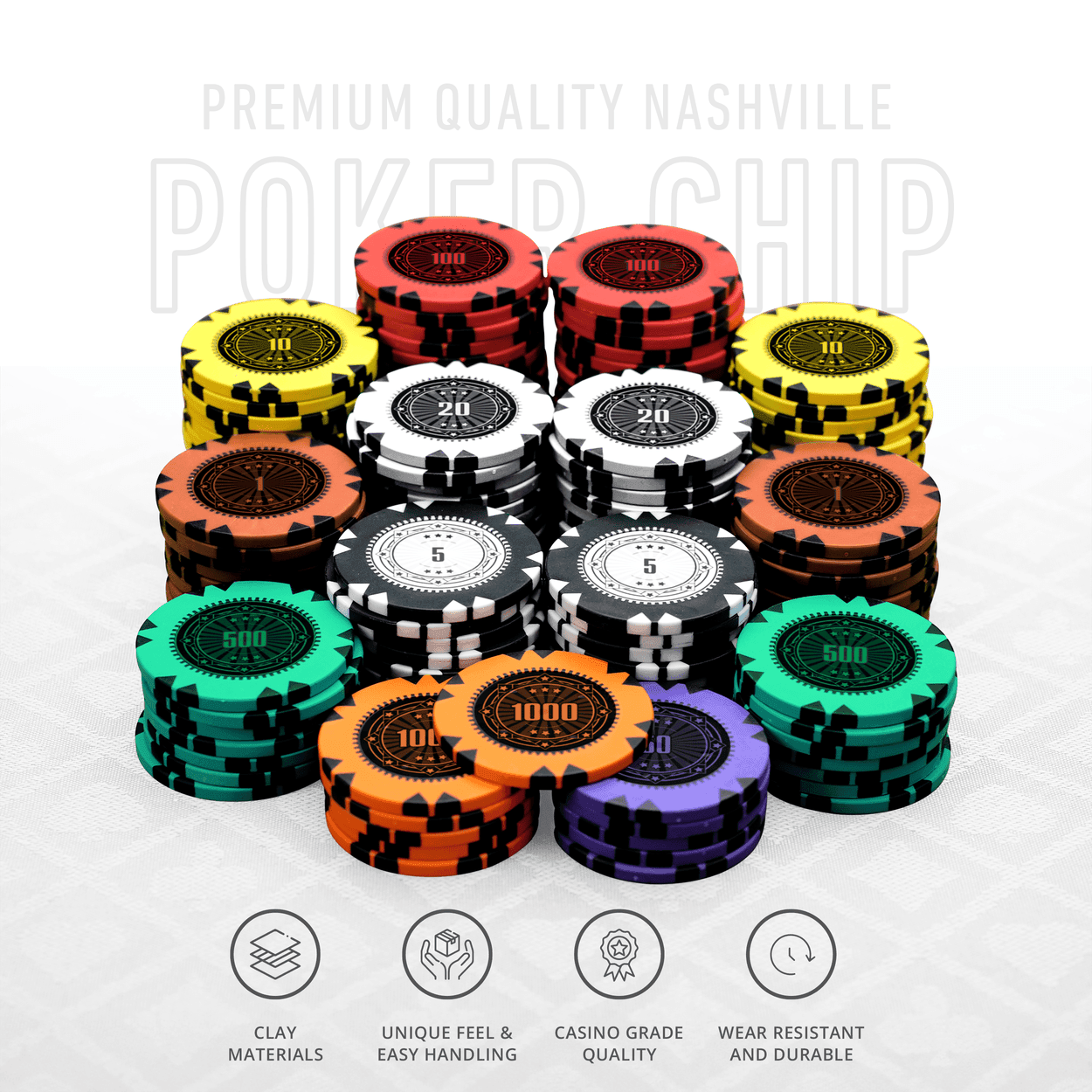 Nashville Series Poker Chipset - GR, 300/500 Pcs, Clay, 40mm, 14g - Thai Aces