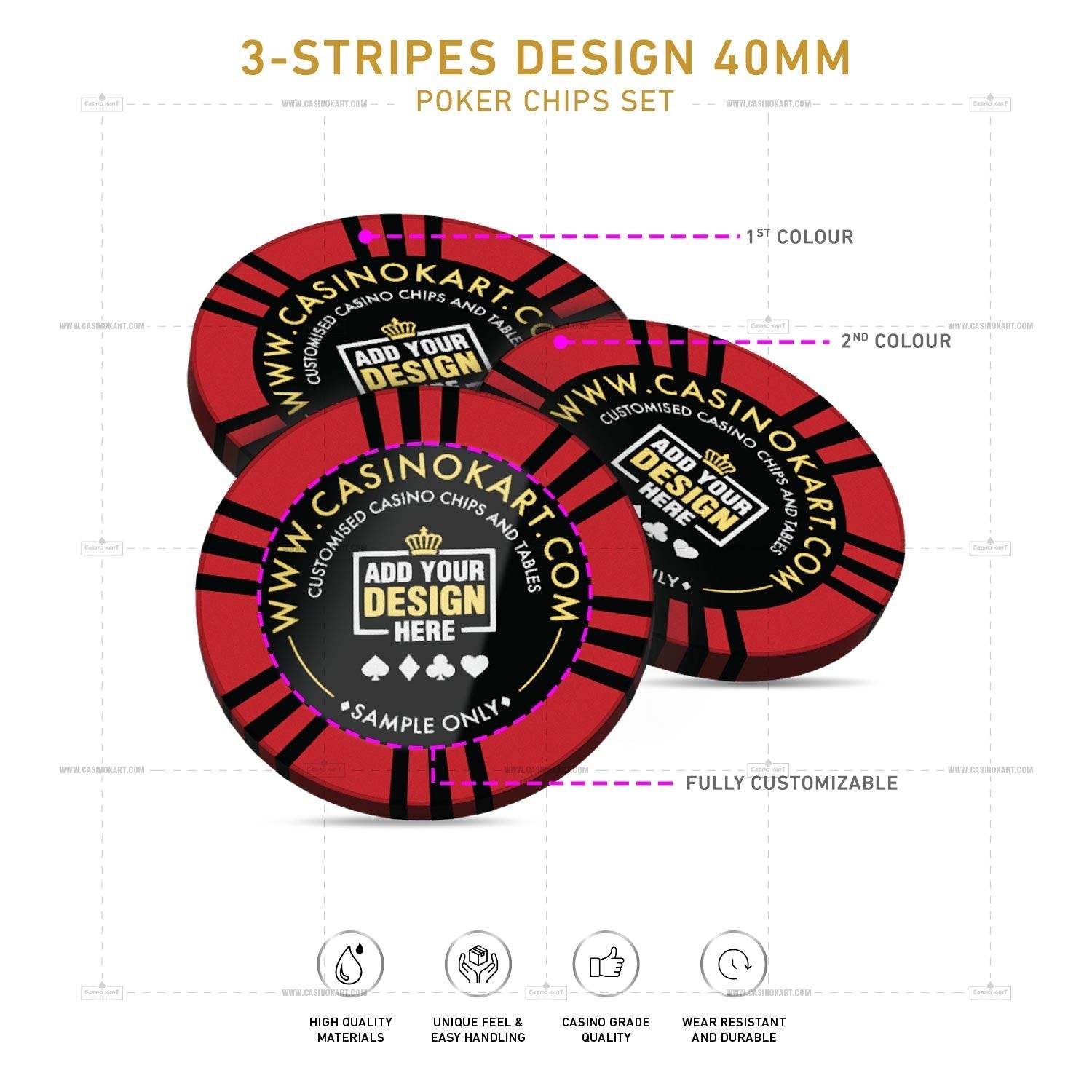 Customisable Poker Chips - 3 Stripes, Clay, 40mm, 14g - Thai Aces