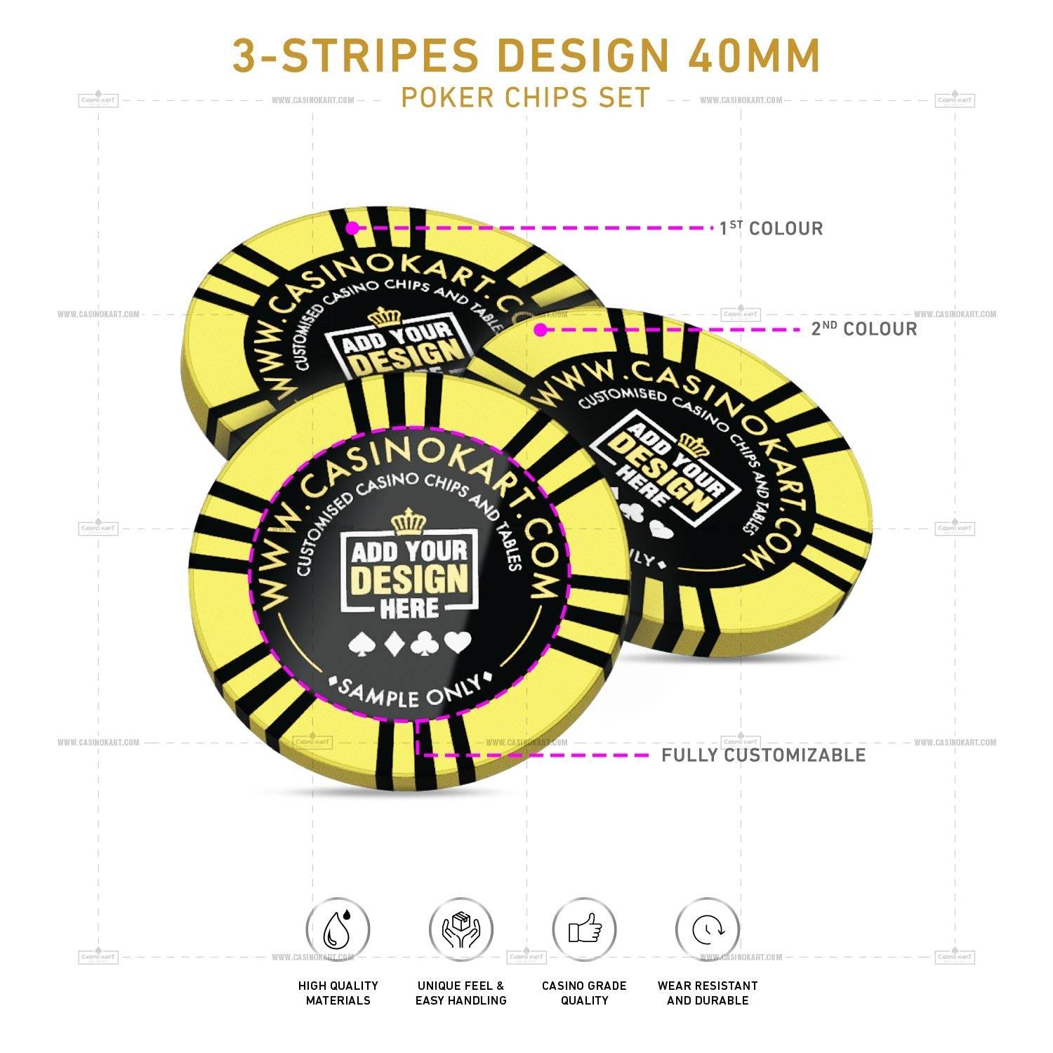 Customisable Poker Chips - 3 Stripes, Clay, 40mm, 14g - Thai Aces
