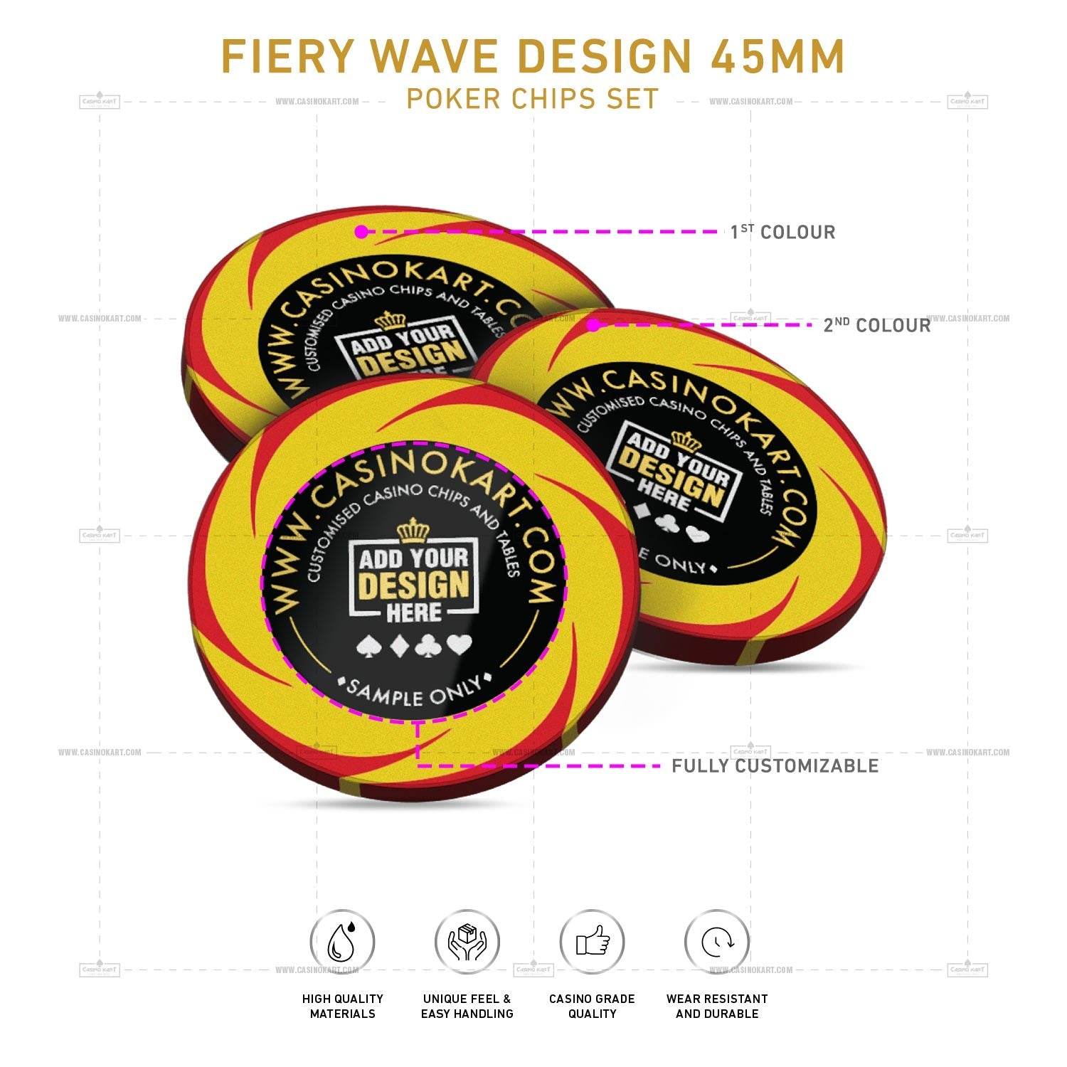 Customisable Poker Chips- Fiery Wave, Clay, 45mm, 18g - Thai Aces