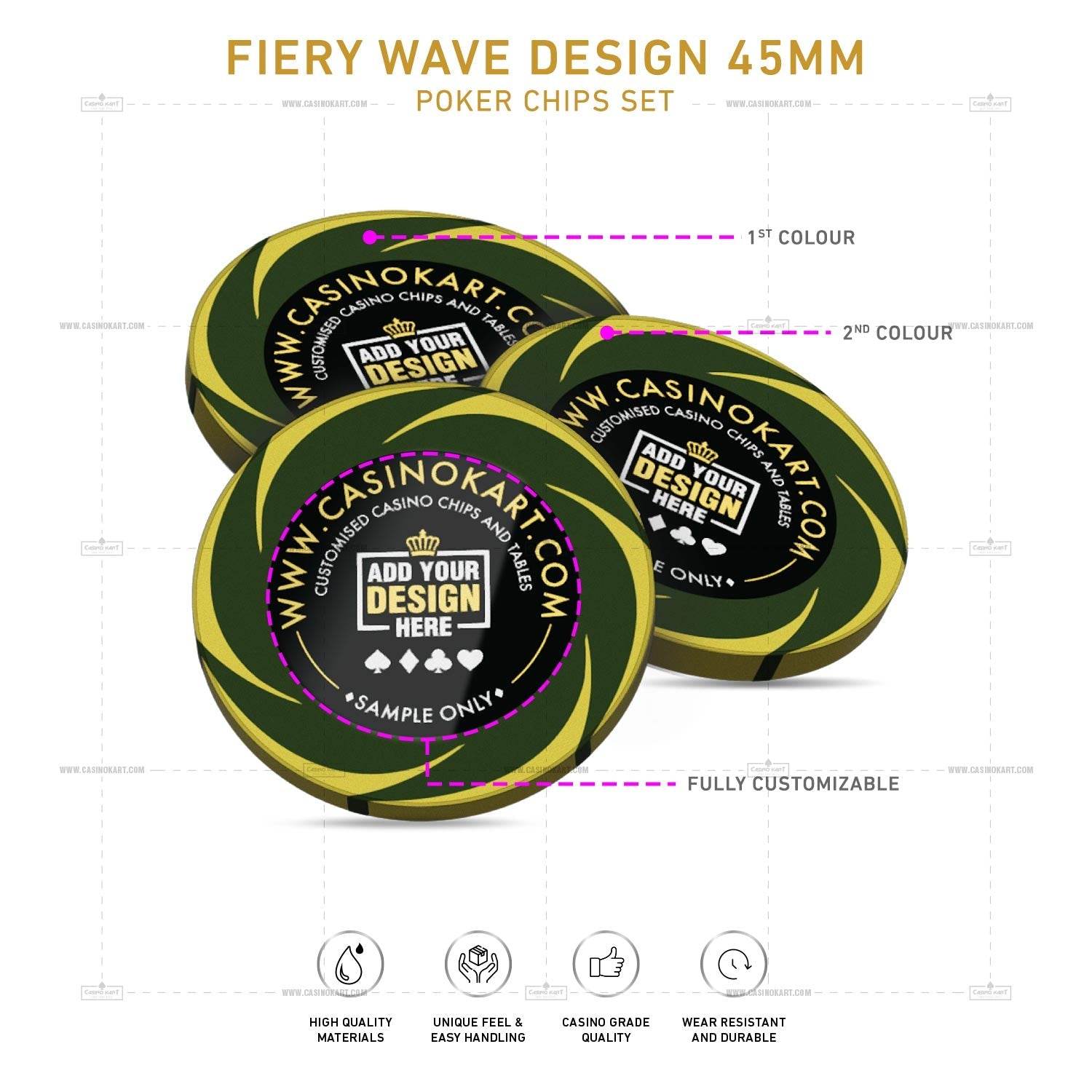 Customisable Poker Chips- Fiery Wave, Clay, 45mm, 18g - Thai Aces