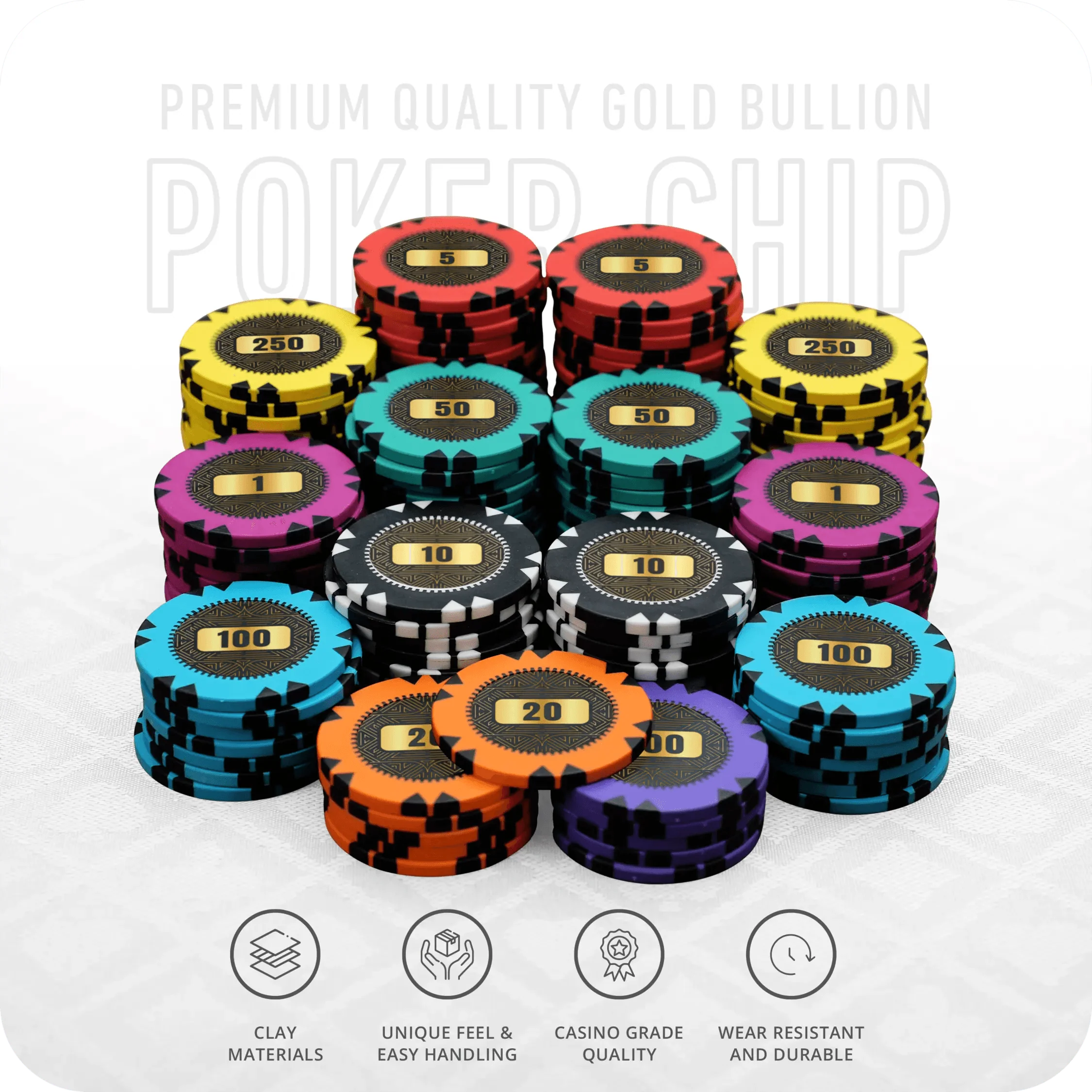 Gold Bullion Poker Chipset - GR, 300/500 Pcs, Clay, 40mm, 14g - Thai Aces