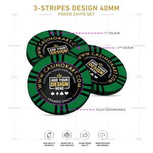 Customisable Poker Chips - 3 Stripes, Clay, 40mm, 14g - Thai Aces