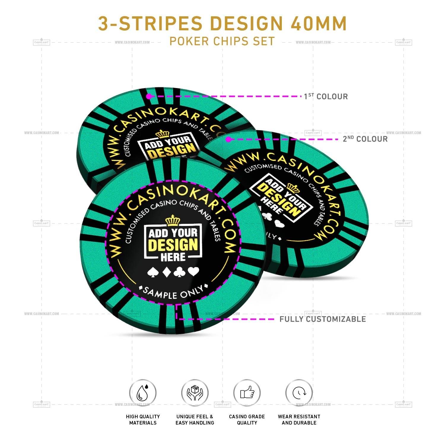 Customisable Poker Chips - 3 Stripes, Clay, 40mm, 14g - Thai Aces