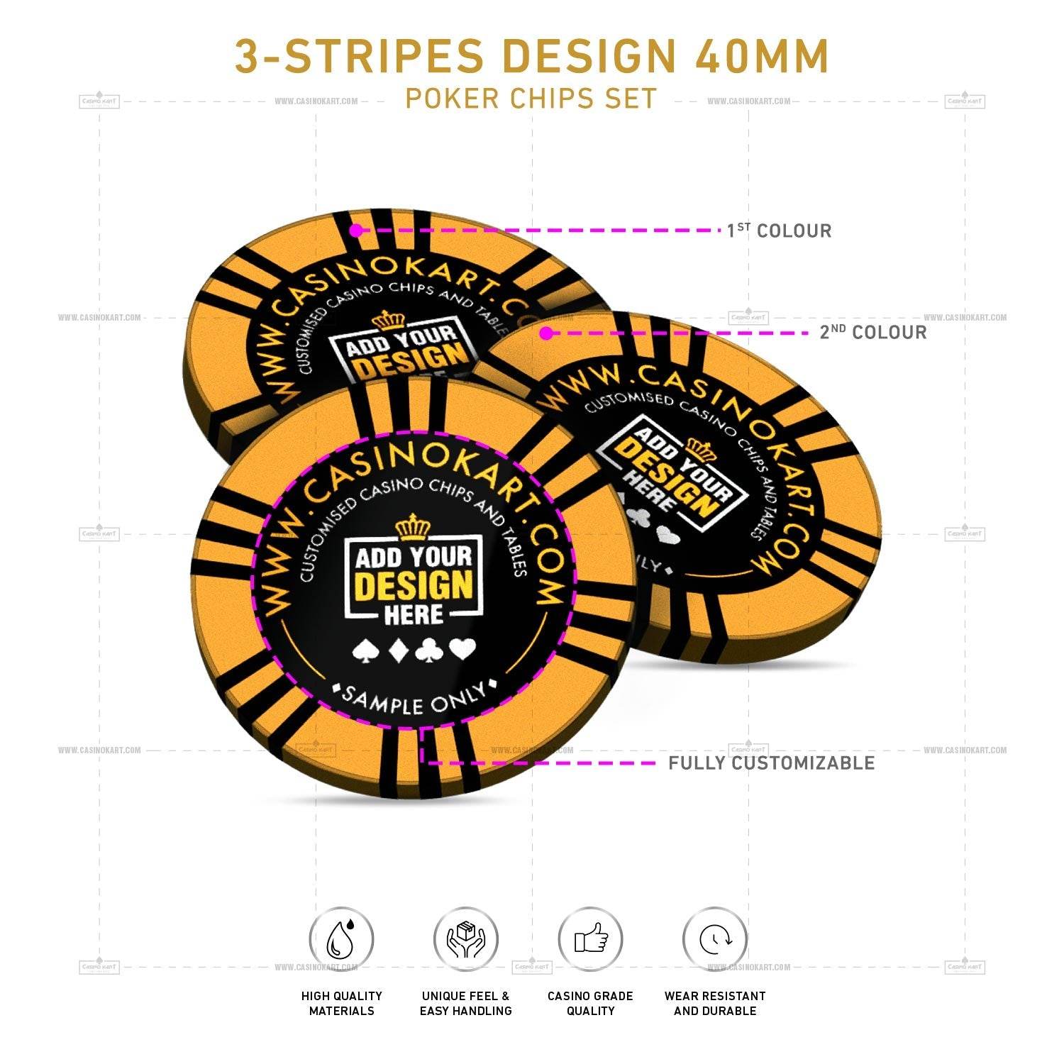 Customisable Poker Chips - 3 Stripes, Clay, 40mm, 14g - Thai Aces