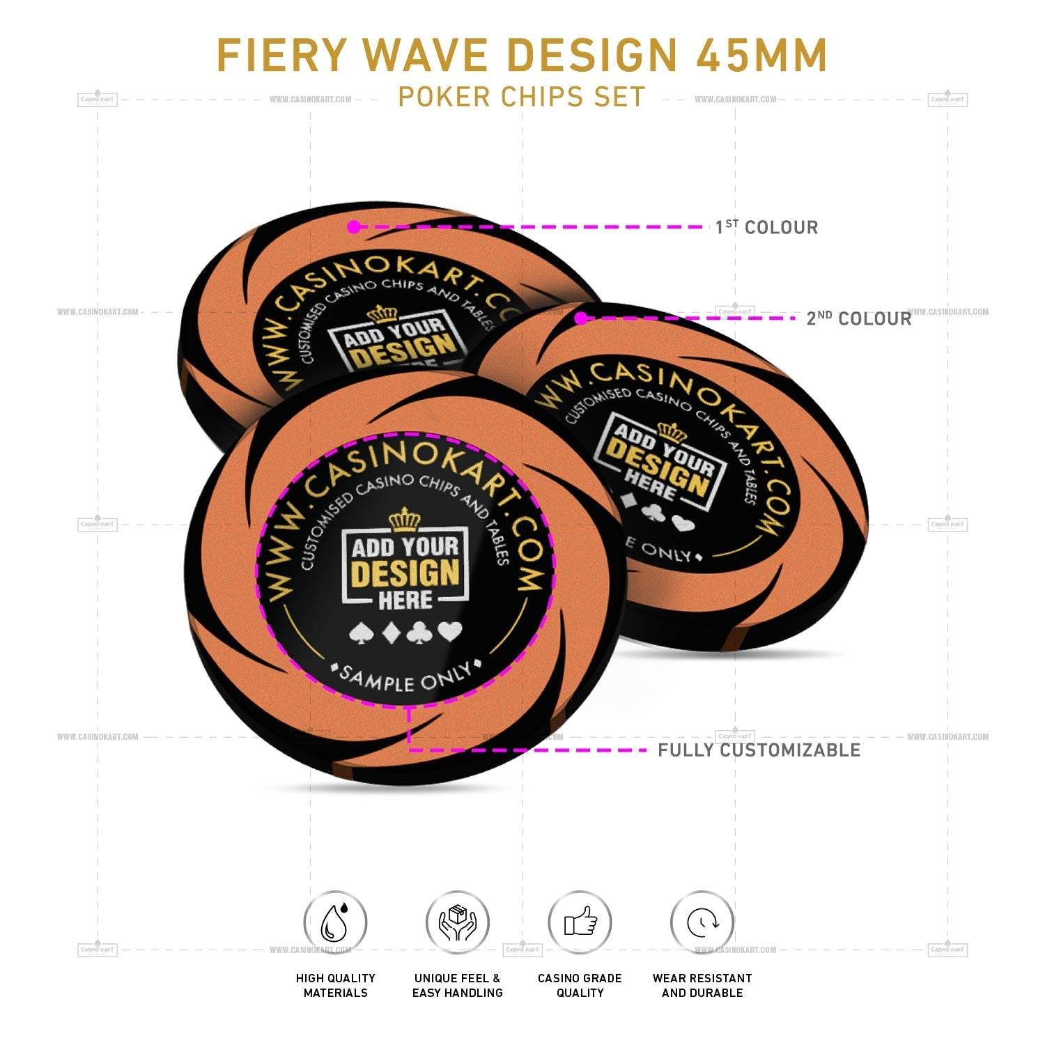 Customisable Poker Chips- Fiery Wave, Clay, 45mm, 18g - Thai Aces