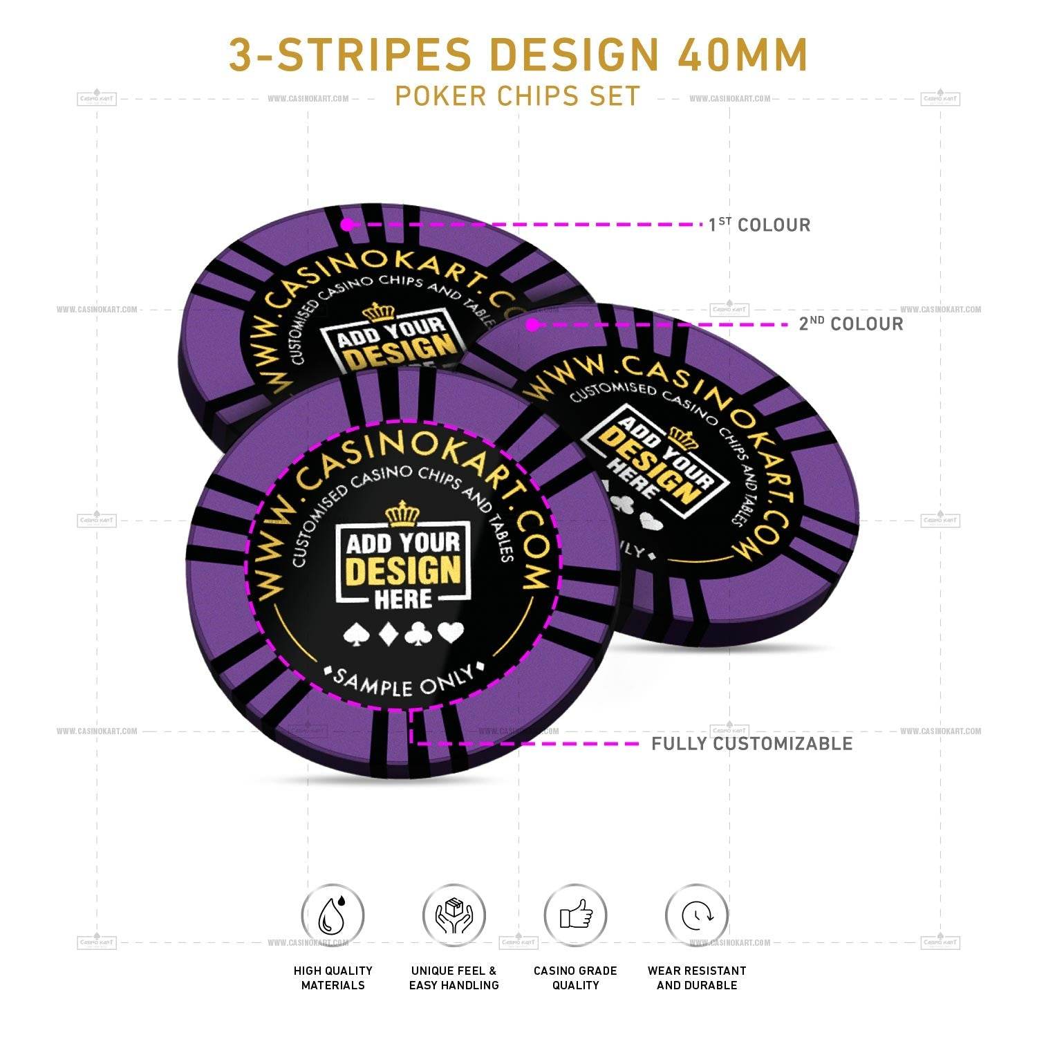 Customisable Poker Chips - 3 Stripes, Clay, 40mm, 14g - Thai Aces