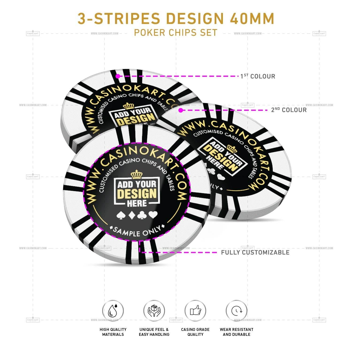 Customisable Poker Chips - 3 Stripes, Clay, 40mm, 14g - Thai Aces
