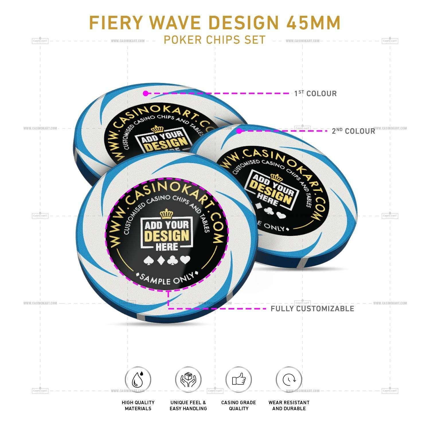 Customisable Poker Chips- Fiery Wave, Clay, 45mm, 18g - Thai Aces